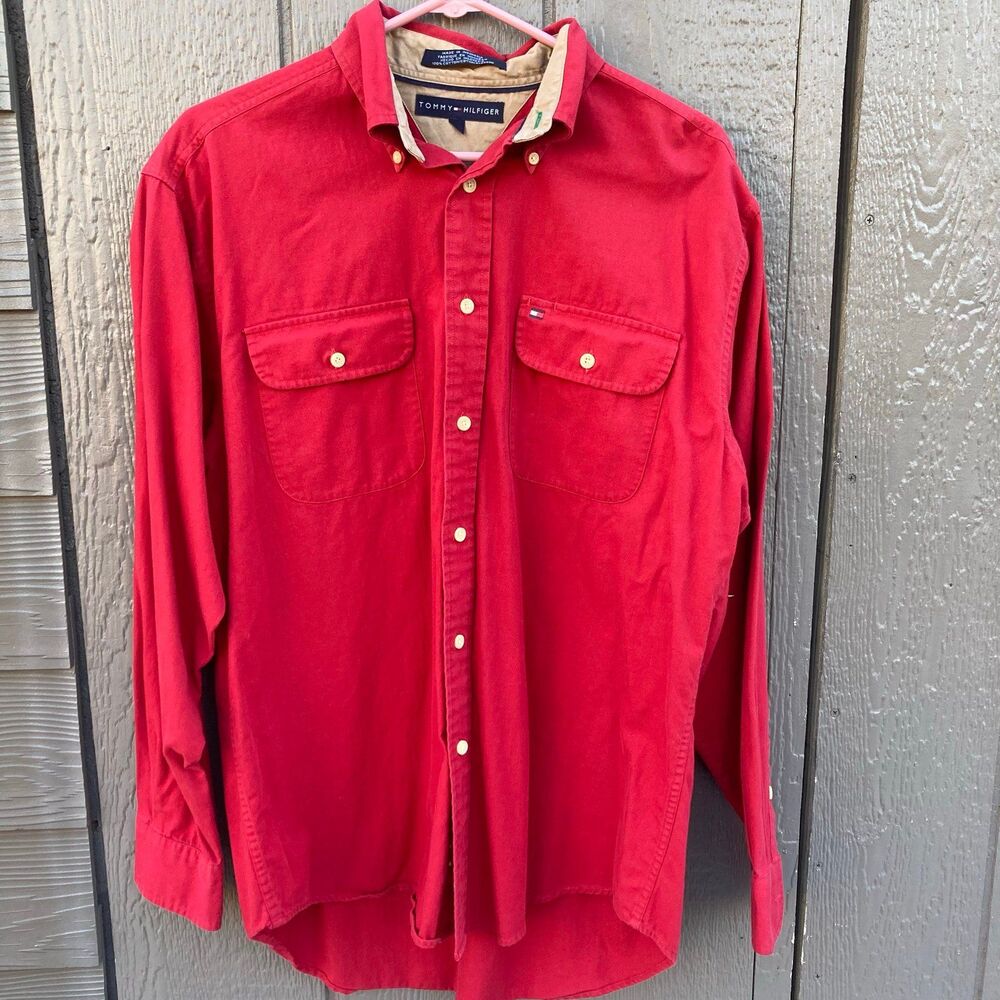 tommy hilfiger mens medium red button down shirt Tommy logo pocket 100% cotton